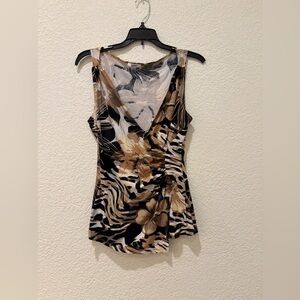 Cache Floral Animal Print Sleeveless Blouse Draped V-Neck Women Top size L